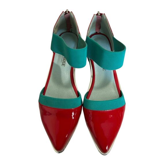 JADY ROSE Red Pointed Patent Leather Ankle Strap Flat Shoes Sandals 245 US 7.5 - Picture 1 of 10